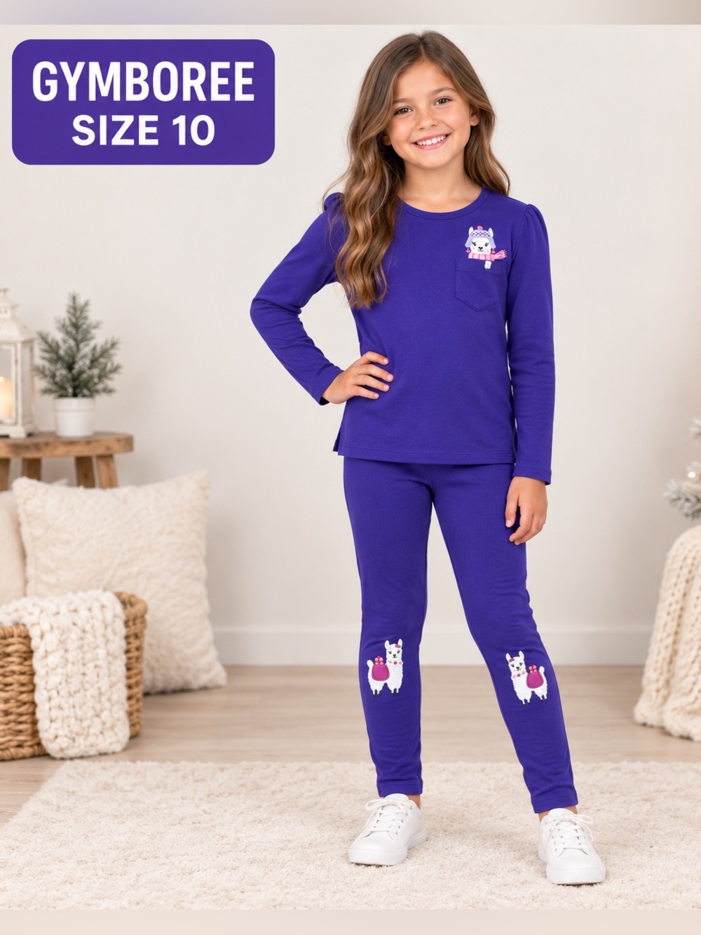 Gymboree Girls Size 10 Purple Llama Embroidered Top & Leggings Set